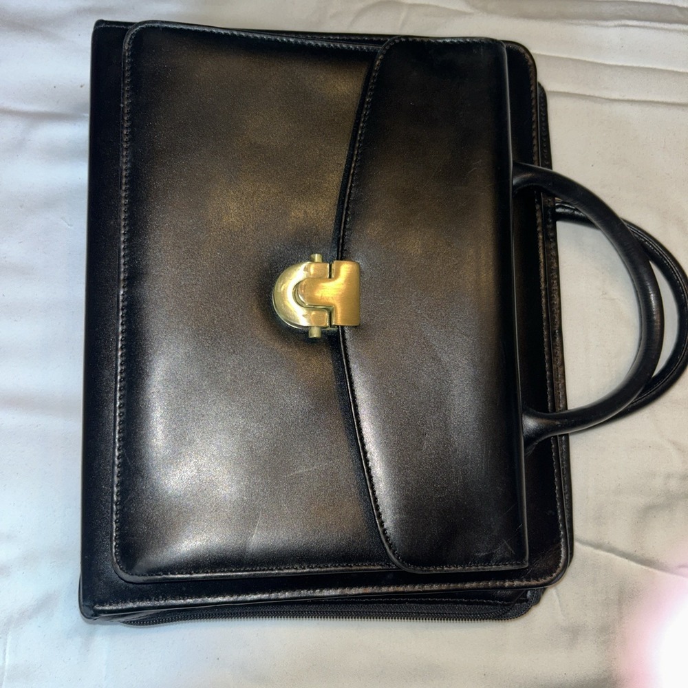 Vintage Franklin Quest Full-Grain Leather Planner‎ Binder Black Zip Clasp Handle